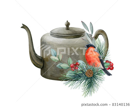 Winter rustic cozy watercolor illustration with bullfinch. Hand drawn winter season decoration with vintage kettle, eucalyptus and pine branches, bullfinch bird. Christmas cozy decore element 83140136