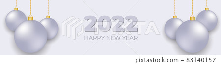 Silver christmas balls hanging on gold chains on a soft grey wide banner 83140157