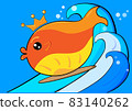 happy smiling cute goldfish enjoy playing surfboard on blue waves in ocean. vector illustration 83140262