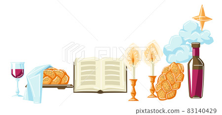 Shabbat Shalom background with religious objects. Background with Jewish symbols. Judaism concept illustration. 83140429