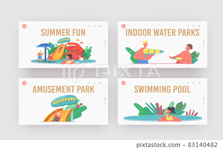 Summer Fun Landing Page Template Set. Kids Characters in Aquapark, Amusement Park with Water Attractions 83140482