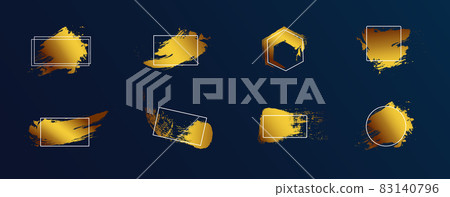 Many gold spots and ragged blots. Geometric foil frames along the edge. Brush strokes, borders and gold dividers. Vector illustration. Isolated on a dark background. 83140796