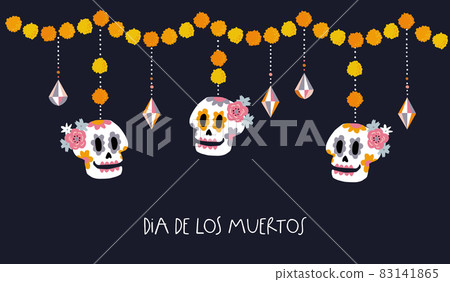 Dia de Los Muertos greeting card, invitation. Mexican Day of the Dead. Hanging ornamental skulls decoration Floral garland of orange marigold, tagetes flowers. Vector illustration, background. Dia de Los Muertos greeting card, invitation. Mexican Day of the Dead. Hanging ornamental skulls decoration Floral garland of orange marigold, tagetes flowers. Vector illustration, background. 83141865
