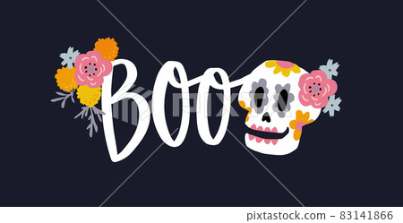 Dia de Los Muertos web banner. Mexican Day of the Dead, Halloween greeting card, invitation. Ornamental skull decor. Tagetes flowers. Hand lettered Boo text. Floral decor. Vector background. Dia de Los Muertos web banner. Mexican Day of the Dead, Halloween greeting card, invitation. Ornamental skull decor. Tagetes flowers. Hand lettered Boo text. Floral decor. Vector background. 83141866