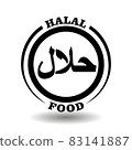 Round vector stamp Halal food with Arabic sign for package labeling of Muslim meal symbol 83141887
