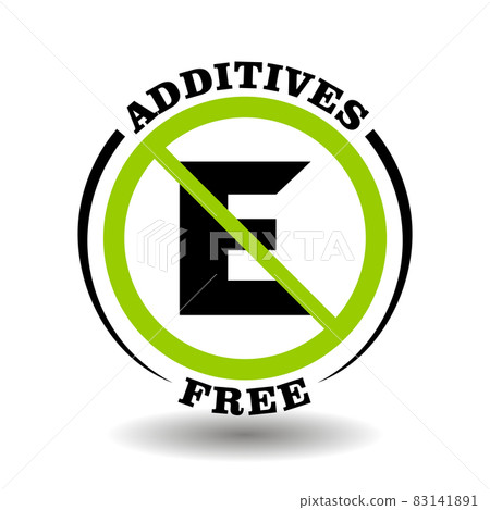 Additives free vector stamp with prohibited letter E icon. No preservatives sign for natural healthy food, organic cosmetics packaging symbol Additives free vector stamp with prohibited letter E icon. No preservatives sign for natural healthy food, organic cosmetics packaging symbol 83141891