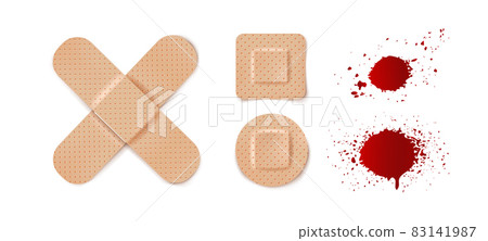 Vector set illustrations of band aids and blood drops. 83141987