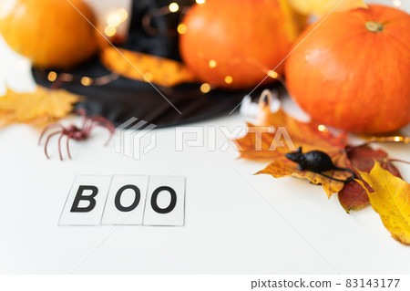 Boo inscription isolated on white background. Against the background of a spider, a mouse, a hat, yellow leaves. Holiday and party concept. Boo inscription isolated on white background. Against the background of a spider, a mouse, a hat, yellow leaves. Holiday and party concept. 83143177