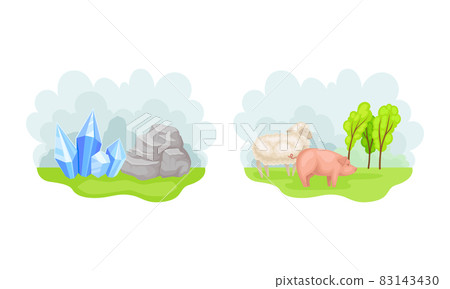 Gem and rock stone. Farm animals on green meadow vector illustration Gem and rock stone. Farm animals on green meadow vector illustration 83143430