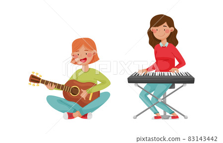 Girls playing musical instruments set. Children playing synthesizer and guitar cartoon vector illustration 83143442
