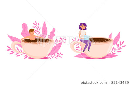 Coffee lovers concept. Tiny people swimming in coffee cup, girl sitting on edge of cup of hot beverage cartoon vector illustration Coffee lovers concept. Tiny people swimming in coffee cup, girl sitting on edge of cup of hot beverage cartoon vector illustration 83143489