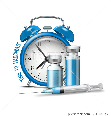 Time to vaccinate concept. Syringe, bottles of vaccine and alarm clock. 83144347