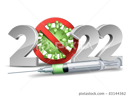 Happy New Year 2022 number with Stop Covid-19 Sign Symbol and Syringe with a vaccine. 83144362