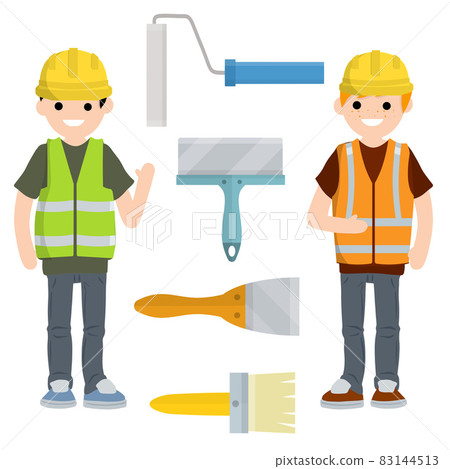 Working painter with paint brush. man in a yellow and green construction vest Working painter with paint brush. man in a yellow and green construction vest 83144513
