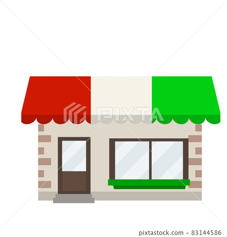 Italian shop. Building of store and pizzeria. Red green sign. element of a city street. Little diner. Facade of house. European and national cuisine. Cartoon flat illustration 83144586