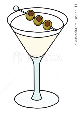 Dry Martini variation cocktail in specific glass. Gin based transparent drink garnished with olives. Stylish doodle cartoon vector illustration good for cards, menu decoration, posters. 83144911