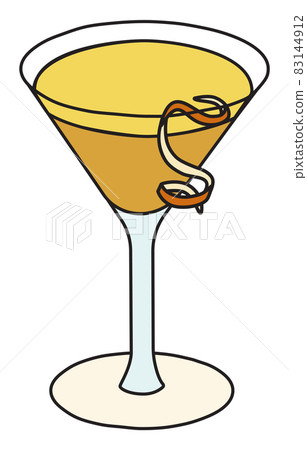 Bronx classic vintage cocktail in martini glass. Gin and vermouth based yellow drink garnished with orange zest. Stylish doodle cartoon vector illustration. Good for cards, menu decoration 83144912
