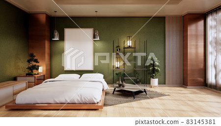 interior mock up with zen bed plant and decoartion in japanese green bedroom. 3D rendering. interior mock up with zen bed plant and decoartion in japanese green bedroom. 3D rendering. 83145381