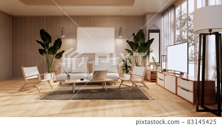 Cabinet in Living room with tatami mat floor and sofa armchair design.3D rendering 83145425