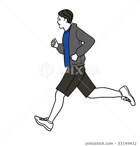 Illustration of a full-body line drawing of a young Asian man running in a hoodie and shorts Illustration of a full-body line drawing of a young Asian man running in a hoodie and shorts 83149432