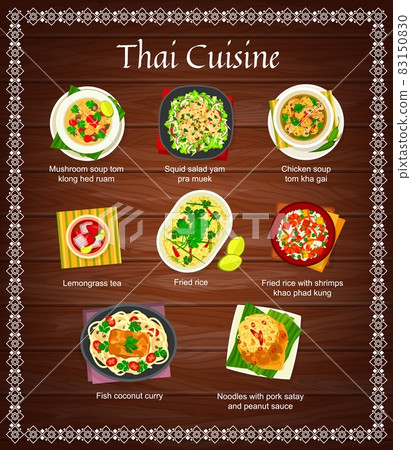 Thai cuisine vector squid salad yam pra muek, chicken soup tom kha gai and lemongrass tea. Fried rice with shrimps khao phad kung, fish coconut curry, mushroom soup tom klong hed ruam Thailand food 83150830