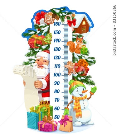 Christmas Santa and gifts kids height chart, growth meter. Vector wall sticker with decorated Xmas tree, snowman and winter festive decor on snowy spruce. Children size measurement cartoon ruler 83150866
