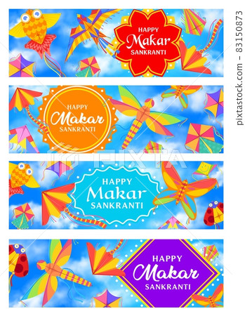 Indian Makar Sankranti holiday banners with vector kites in blue sky and clouds. Hindu religion festival paper wind toys, bird, fish, butterfly and dragonfly kites flying with waving ribbons Indian Makar Sankranti holiday banners with vector kites in blue sky and clouds. Hindu religion festival paper wind toys, bird, fish, butterfly and dragonfly kites flying with waving ribbons 83150873