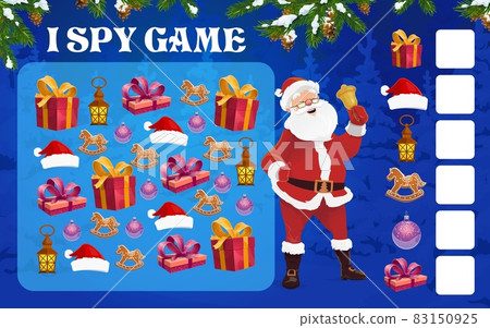Christmas I spy puzzle for preschooler kids. Kindergarten children counting activity, child math riddle or game. Santa Claus hat, Christmas holiday gift and gingerbread cookies, lantern cartoon vector 83150925