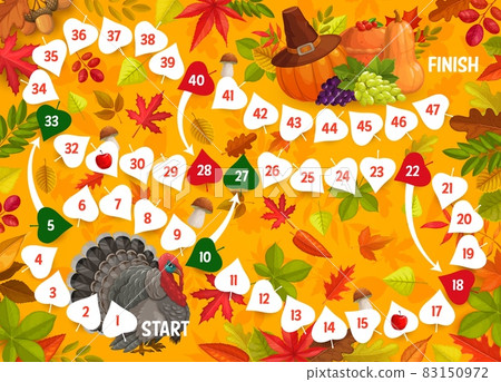 Thanksgiving board game, turkey bird, autumn leaves and harvest. Vector kids boardgame with numbered snake path, walk puzzle for family and children activity. Help turkey to find fall crop riddle 83150972