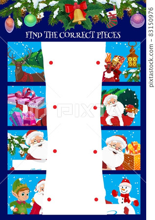 Children find correct pieces puzzle game with Christmas characters. Kids holidays playing activity, logical game. Christmas tree ornaments and gifts, Santa, snowman and elf, reindeer cartoon vector 83150976