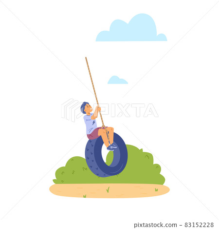 Child swinging on tire swing in playground, flat vector illustration isolated. Child swinging on tire swing in playground, flat vector illustration isolated. 83152228