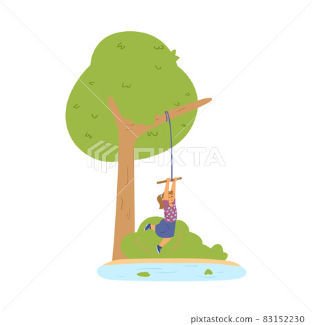 Cute girl swinging on bungee tied to tree branch in summer park in flat vector 83152230