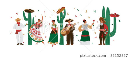 Mexican male and female characters in colorful traditional national clothing. 83152837