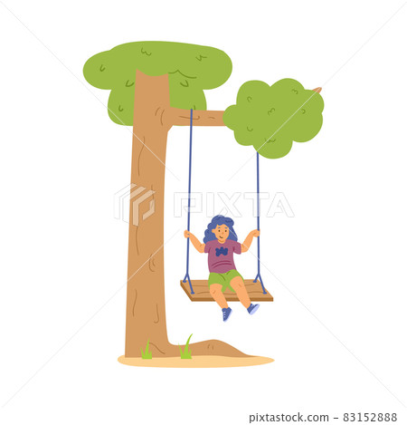 Cute girl sitting on swing in flat vector illustration isolated on white Cute girl sitting on swing in flat vector illustration isolated on white 83152888