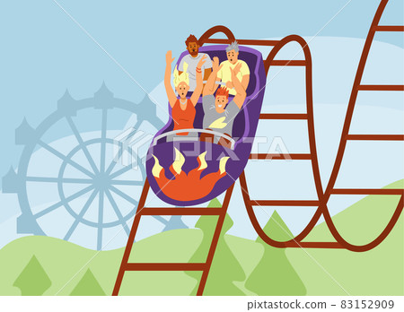 Excited people ride down on roller coaster in amusement park flat vector illustration. 83152909