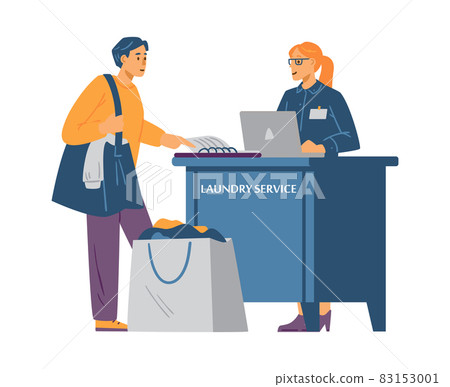 Male character handing clothes to dry cleaning, laundry in flat vector 83153001