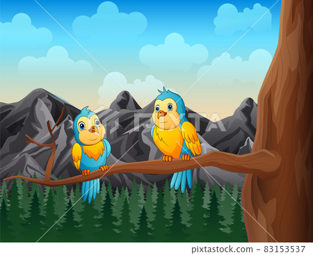 Cute two parrot birds sitting on a tree branch illustration 83153537