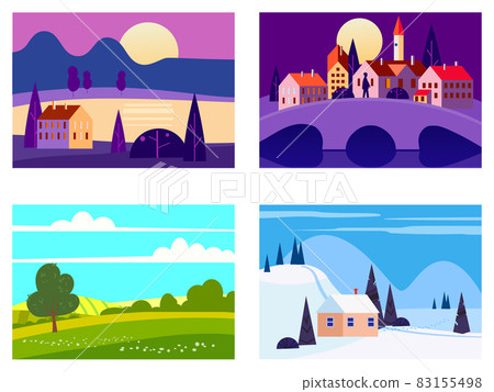 Set of seasons landscapes winter, spring, summer, autumn. Rural, mountaines, field, city, sea, snow, hot, rain, night. Vector minimalistic flat illustration 83155498