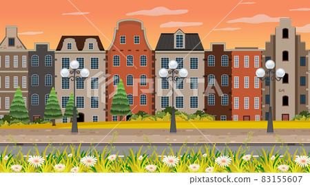 Scene with many buildings along the street - Stock Illustration ...