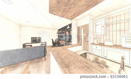 Living room interior perspective with telework desk 83156061