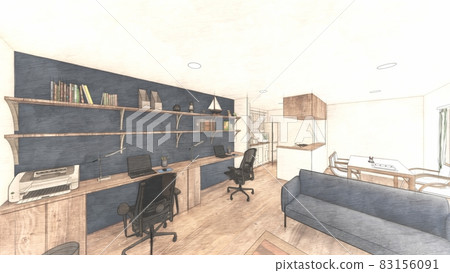 Living room interior perspective with telework desk Living room interior perspective with telework desk 83156091