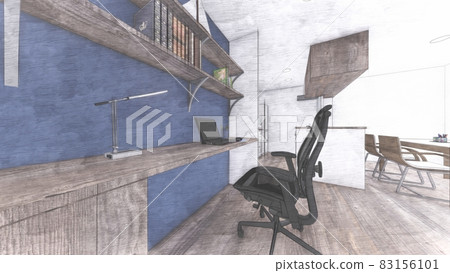 Living room interior perspective with telework desk 83156101