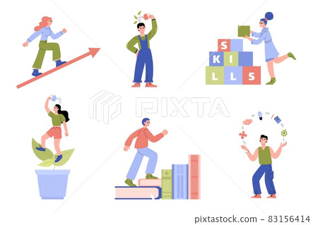 Self-improvement concept metaphors set with various cartoon characters 83156414