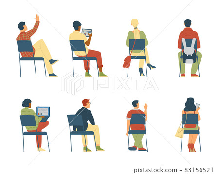 Set of people sitting on chairs with their backs, female and male characters 83156521