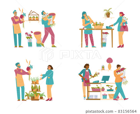 Set professional florists making design bouquets and selling it at flower shops. 83156564