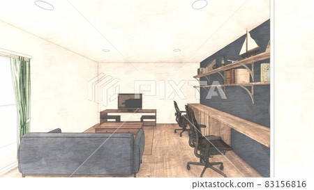 Living room interior perspective with telework desk without PC Living room interior perspective with telework desk without PC 83156816