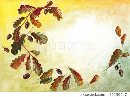 wreath of oak leaves painted on yellow background - Stock Illustration