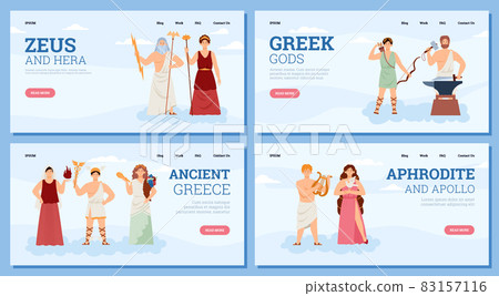 Set of web banners with goddesses and gods ancient greek mythology. Famous characters deity of olympian pantheon. Flat cartoon vector illustrations. 83157116