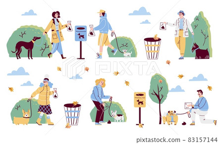 Set of images of people cleaning up poop after their pets in park 83157144