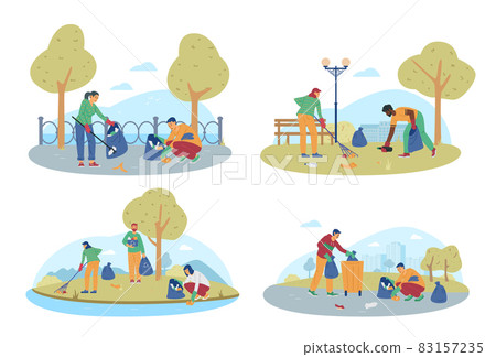 Young people clean up trash and autumn leaves at city street or park 83157235